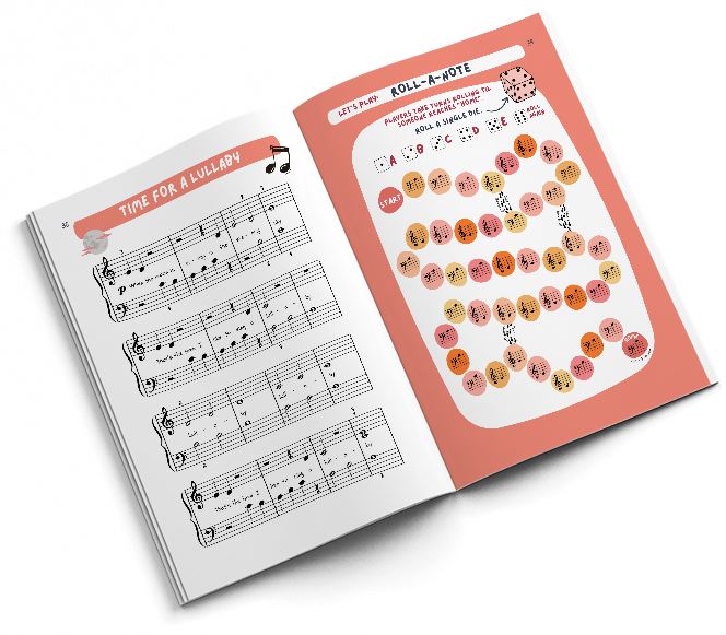 The Primer Technique Book open to a song page and a Roll-a-Note game page